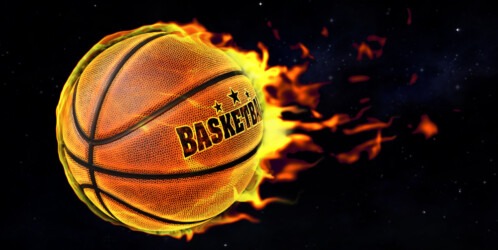 Fiery,basketball,flying,against,the,black,sky.,3d,illustration.