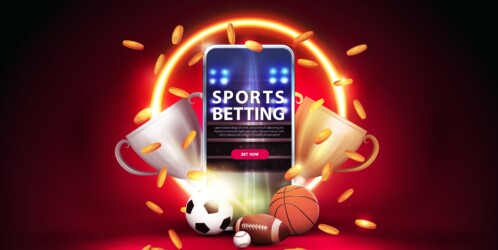 Sports,betting,,red,banner,with,smartphone,,champion,cups,,falling,gold