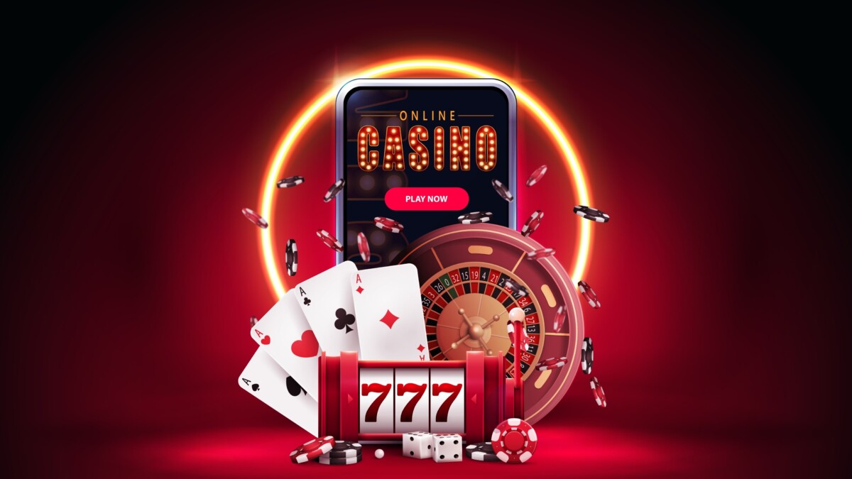 Online,casino,,red,banner,with,smartphone,,slot,machine,,casino,roulette,