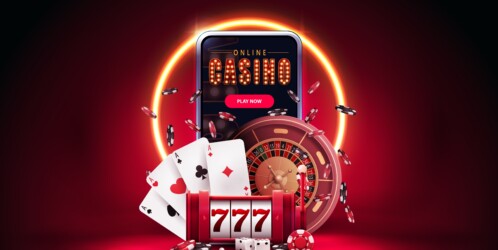 Online,casino,,red,banner,with,smartphone,,slot,machine,,casino,roulette,