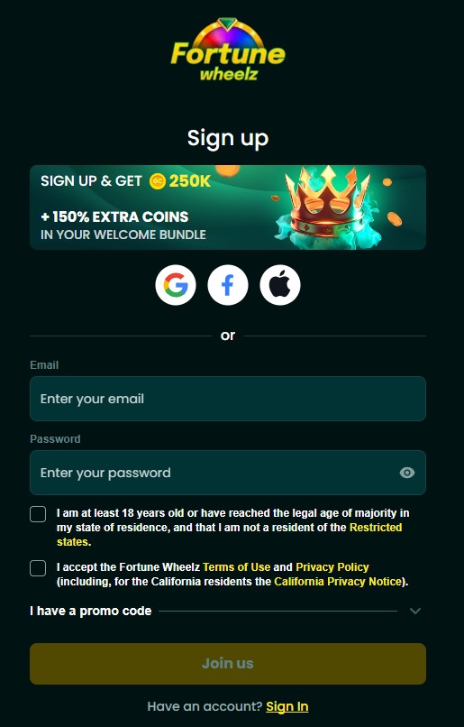 Fortunewheelz Casino Sign Up