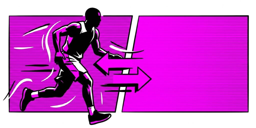 Stylized basketball figure mid-stride between two flat color zones, illustrating an NBA trade scenario, no real player faces or team logos