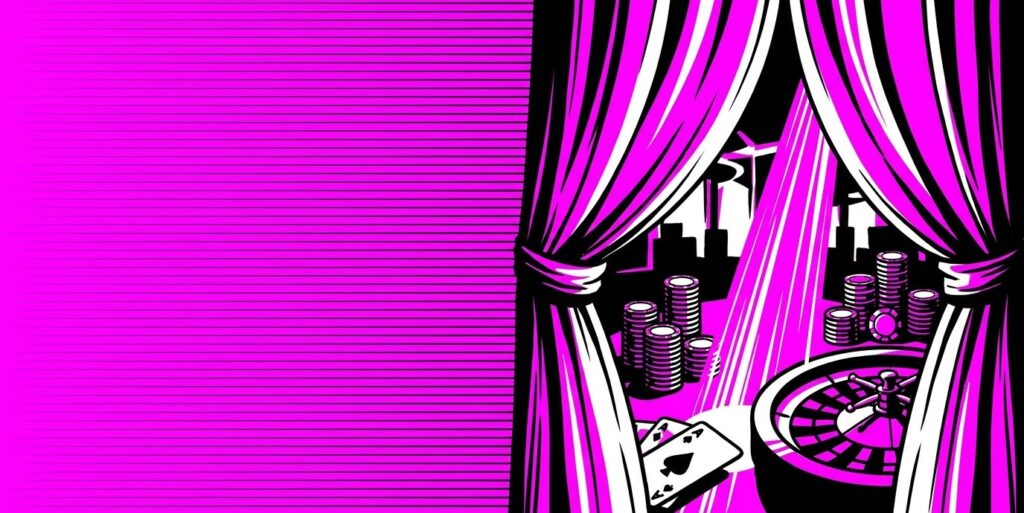 Comic-book pop-art illustration of stage curtains opening to reveal an abstract casino floor silhouette, representing the Grand Prize sweepstakes casino launch.