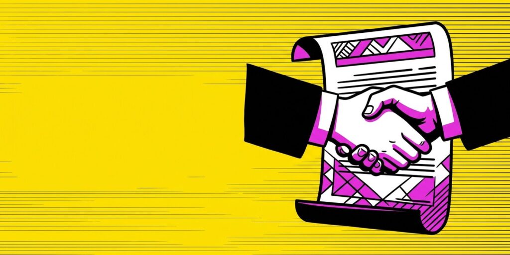 Pop-art illustration of a handshake over a contract in Lines.com editorial style