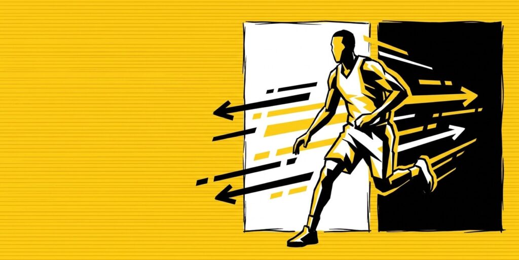 Stylized illustration of a basketball player moving between two teams in Lines.com pop-art style