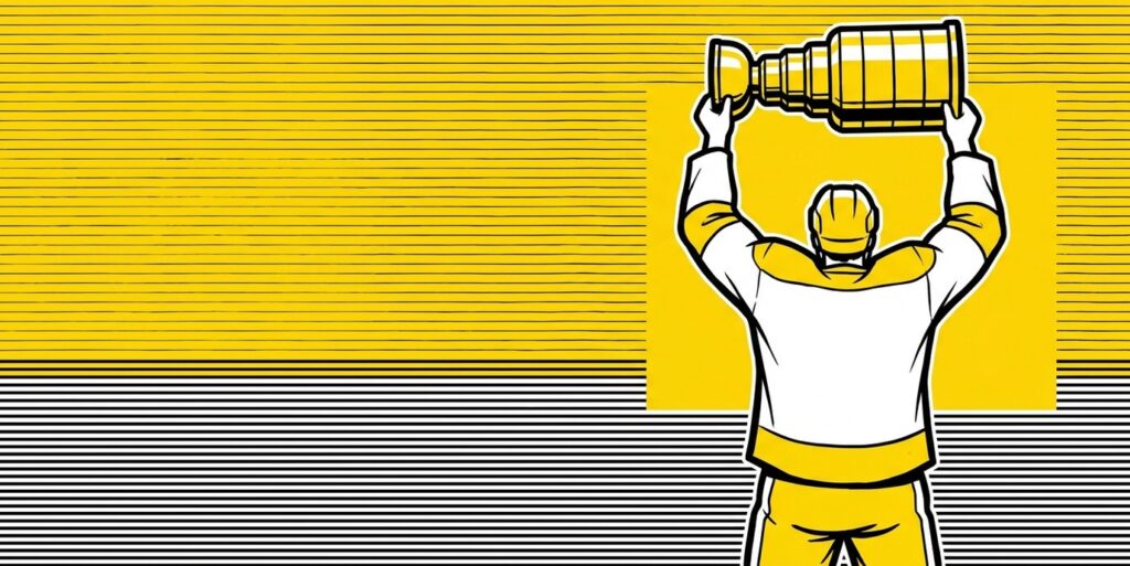 Stylized illustration of a hockey champion raising a trophy