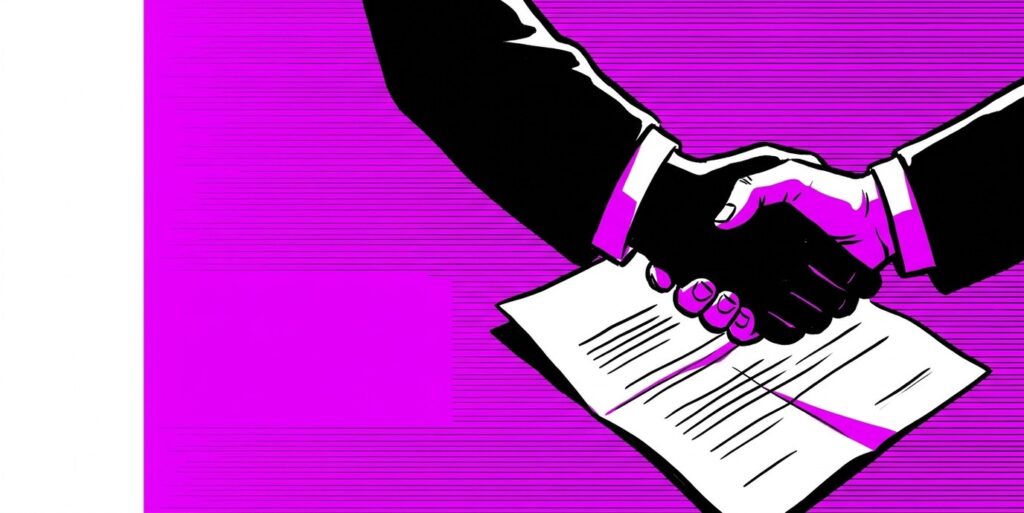 Pop-art illustration of a contract handshake representing MLB salary cap labor talks