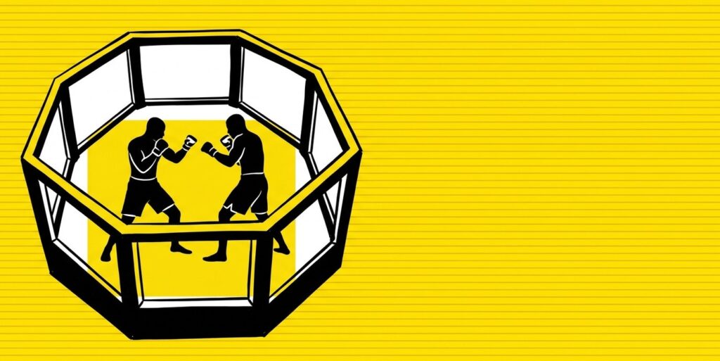 Stylized illustration of two MMA fighters in an octagon