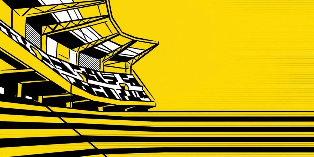 Pop-art illustration of a stadium interior in Lines.com editorial style
