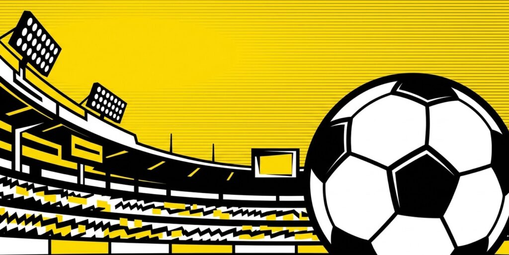 Pop-art illustration of a stadium silhouette and soccer ball in Lines.com editorial style