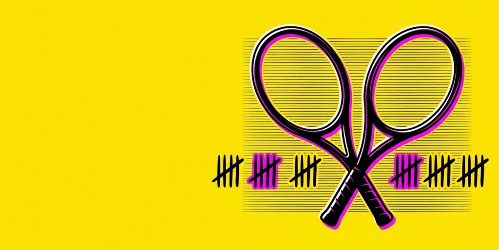 Pop-art illustration of crossed tennis rackets and tally marks in Lines.com editorial style