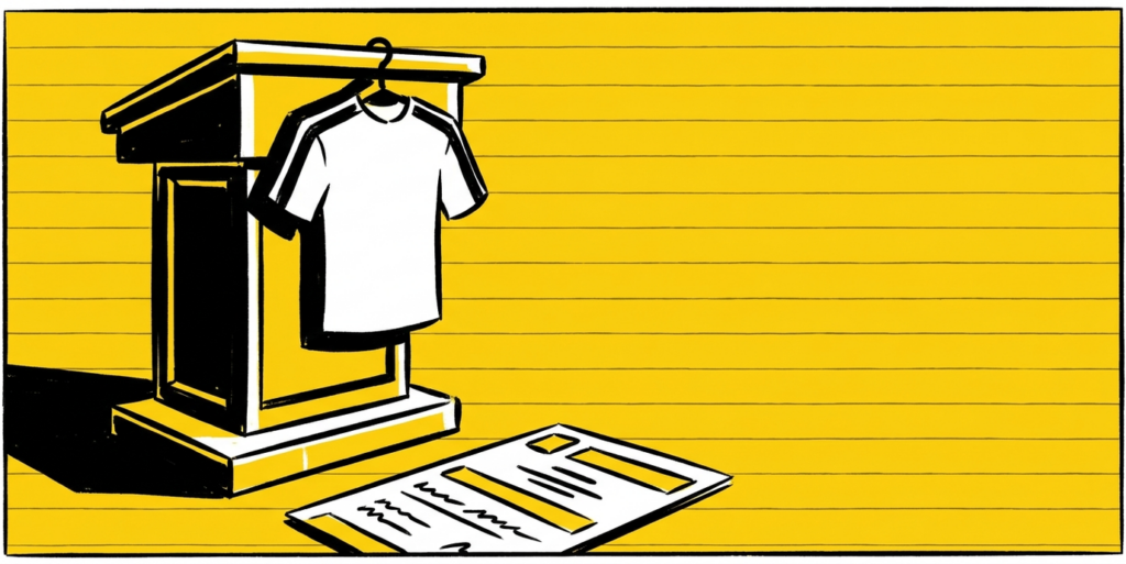 Illustration of a draft podium with a blank jersey and a draft card