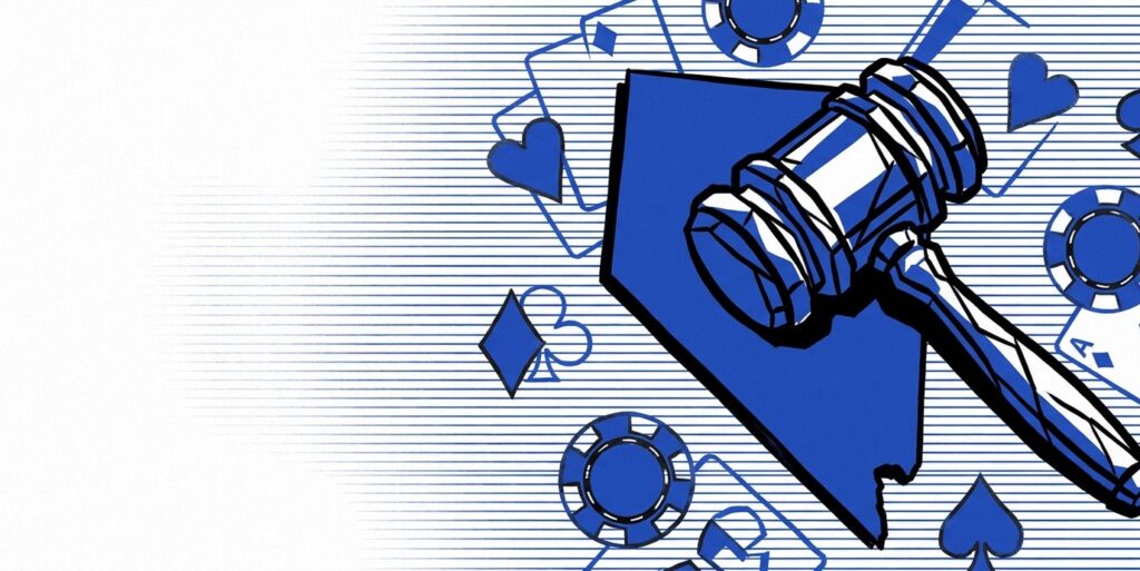 Illustration of a gavel on a state silhouette with poker chips and cards, representing a social casino legal settlement