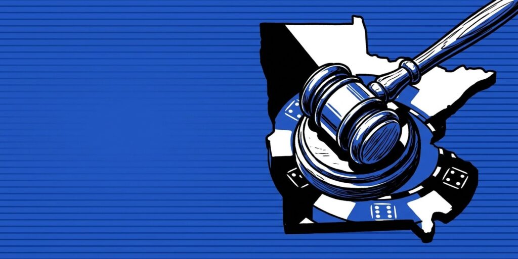 Pop-art illustration of a gavel resting on a US state silhouette, symbolizing sweepstakes casino regulation.