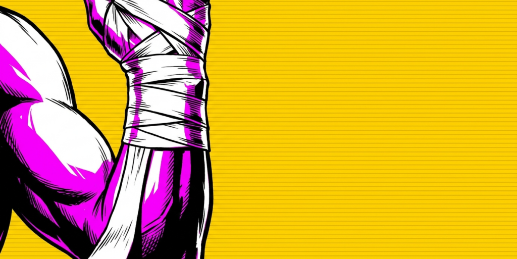 Comic pop-art illustration of a taped athletic limb representing an injury