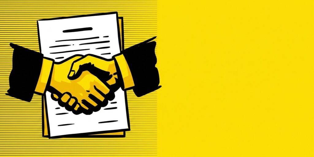 Comic-style illustration of a contract and handshake