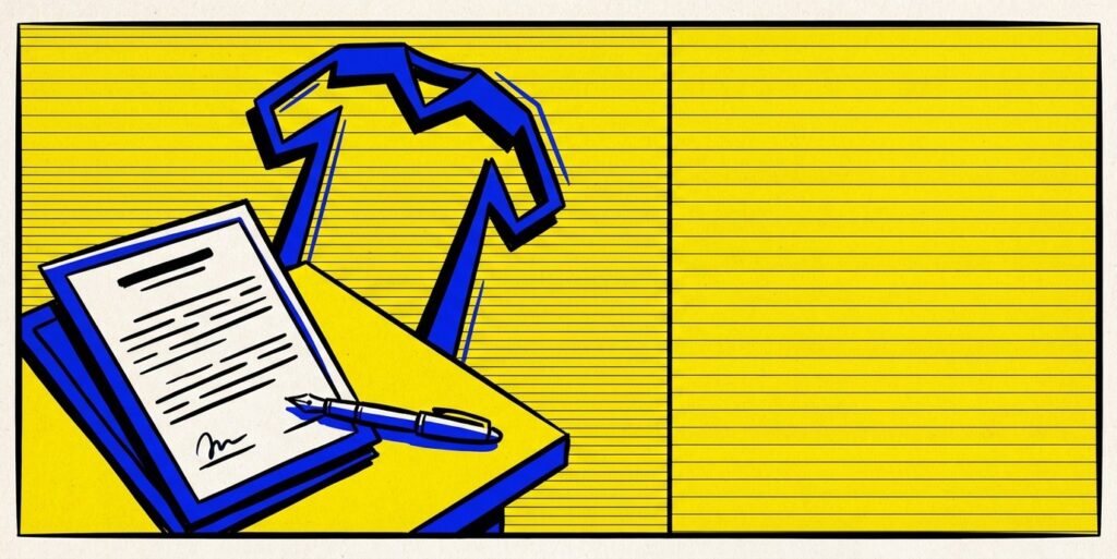 Pop-art illustration of a contract and pen, Anthony Mantha Devils signing hero image