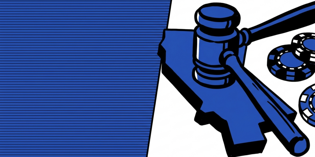 Illustration of a judge gavel on a US state silhouette beside casino chips
