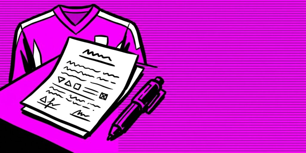 Comic-style illustration of a contract, pen and blank jersey