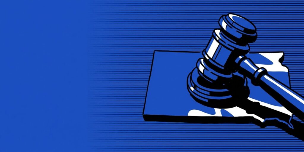 Illustration of a judge gavel resting on a state-shaped silhouette representing US sweepstakes casino regulation and bans.