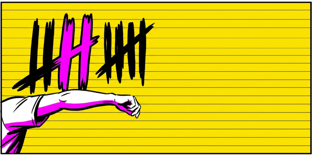 Pop-art illustration of tally marks and a pitching arm symbolizing a career milestone
