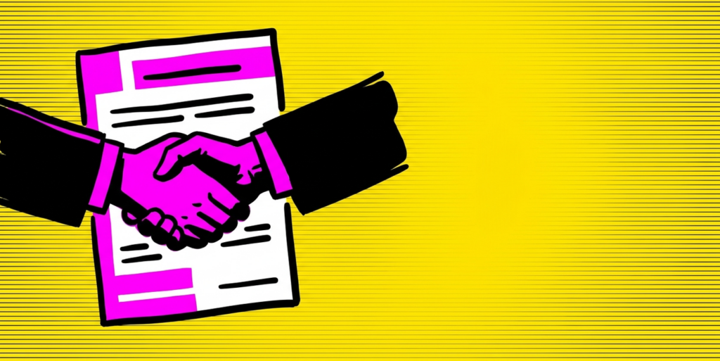 Comic-style illustration of a handshake over a contract, Buccaneers extension news