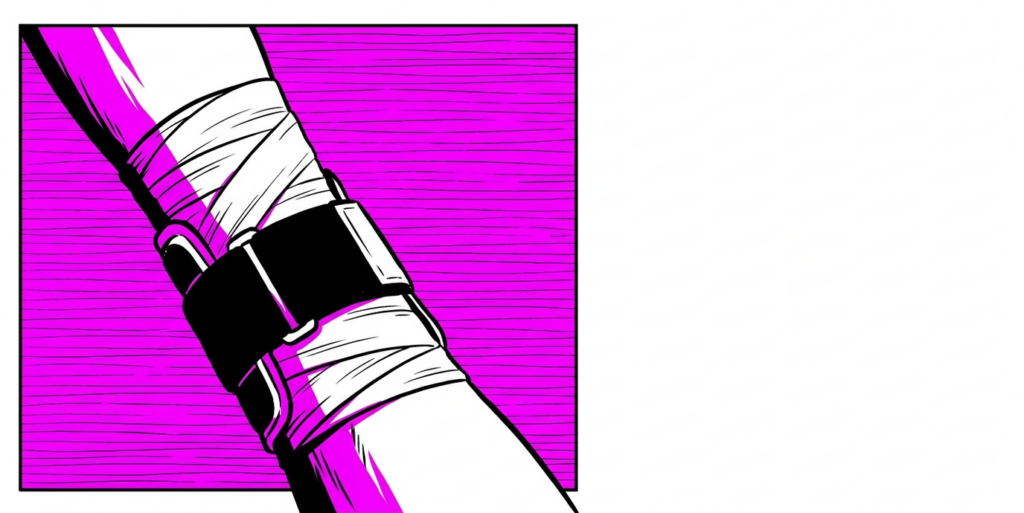 Comic-style illustration of a taped pitching elbow, Yankees rotation news