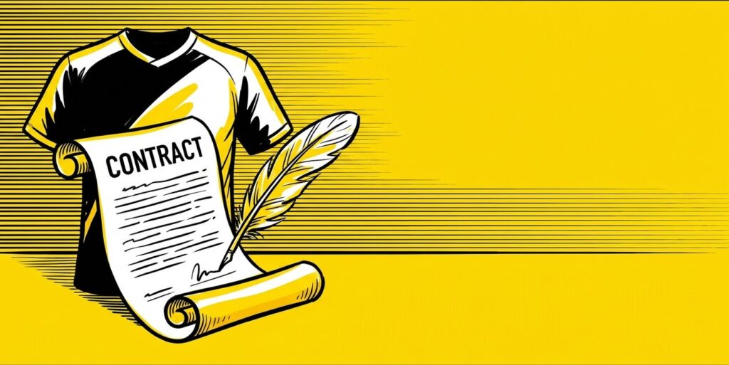 Pop-art illustration of a hockey jersey and a contract with a pen