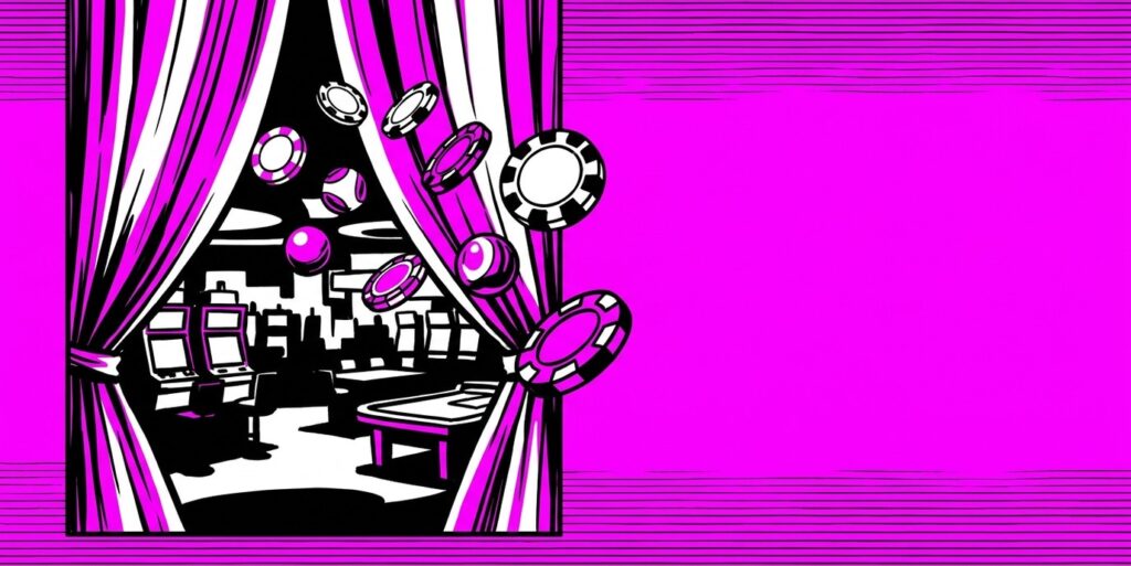 Pop-art illustration of stage curtains opening on an abstract casino floor