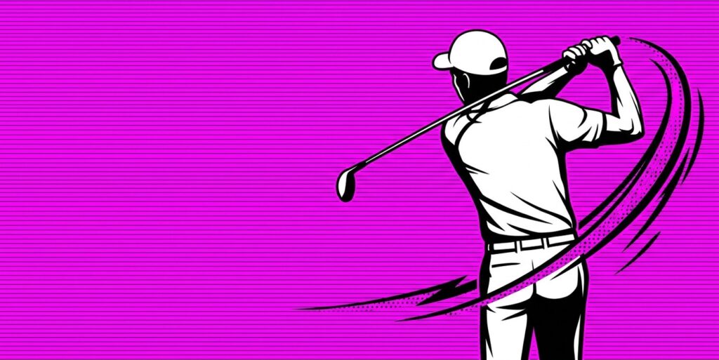 Pop-art golfer mid-swing at the 2026 Open Championship at Royal Birkdale