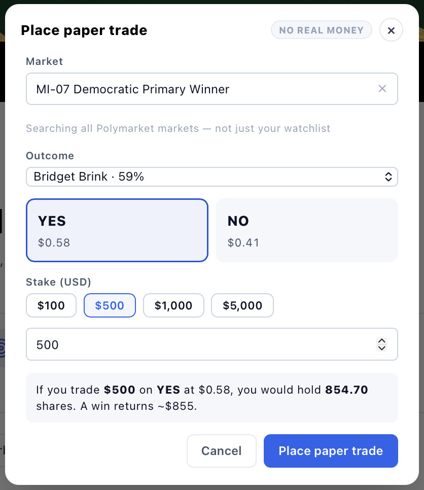 Placing a simulated position in the Lines.com paper trade modal.
