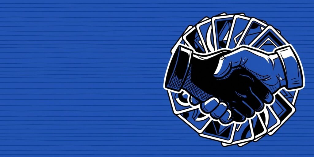 Illustration of two hands shaking over playing cards representing a social gaming industry alliance