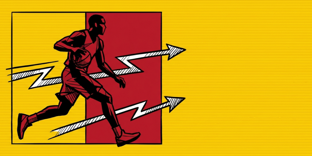 Illustration of an anonymous basketball player mid-stride between two zones, marking the Lu Dort trade