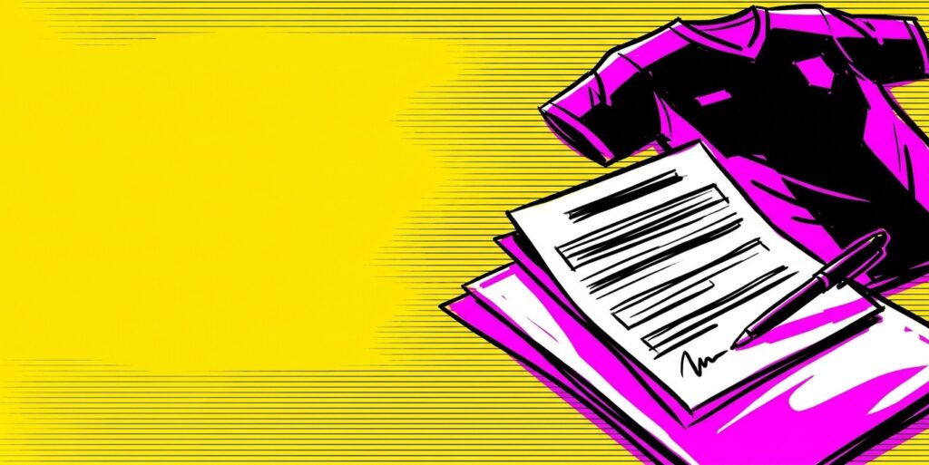 Comic pop-art illustration of a contract and pen with a jersey, Lines.com style