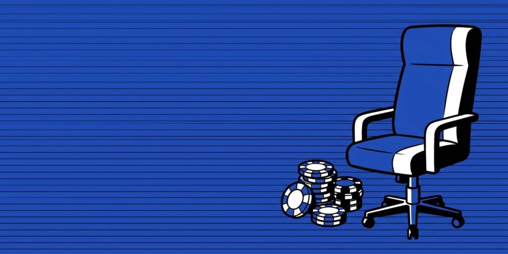 Stylized comic-book illustration of an empty executive chair beside casino chips, representing a leadership change at a sweepstakes casino company.