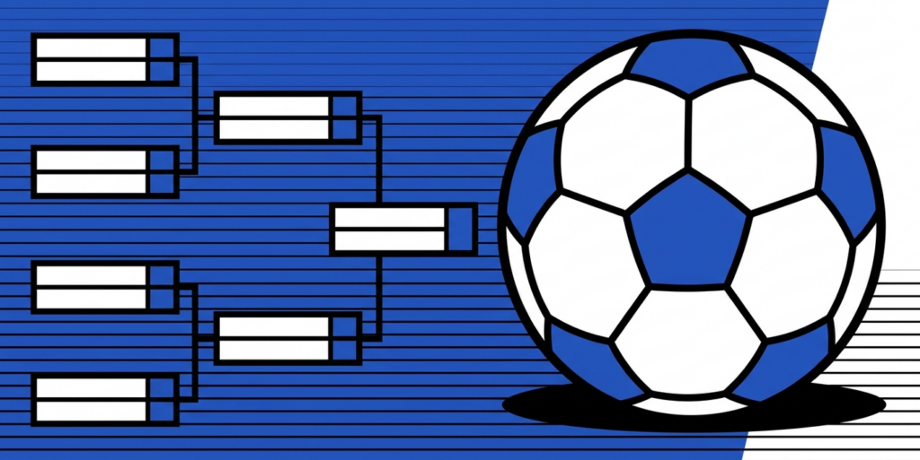 Pop-art illustration of a soccer ball beside a blank tournament bracket for the 2026 World Cup semifinals